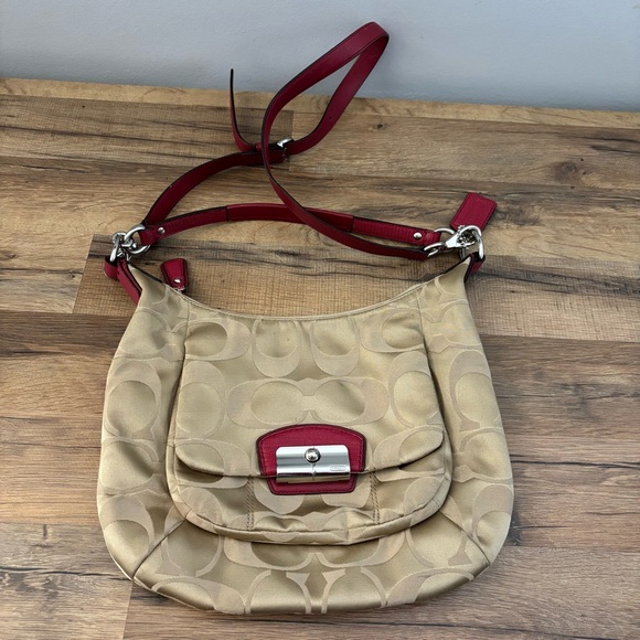 Coach Kristin Signature Large Hobo Crossbody Tan Jacquard Red Leather - Picture 1 of 10